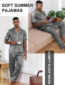 Mens Silk Pajama Set, Short Sleeve Silk Satin Pajamas For Men Soft Mens Loungewear Sets 2 Piece Button Down Pjs Sethalloween - Striped Black - View 8
