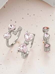 3pcs/Set Girls Y2K Style Butterfly, Heart & Rhinestone Decor Ring Set - Perfect For Dates, Parties, Valentine's Day Gifts Or Daily Wear - Hồng - Xem 4
