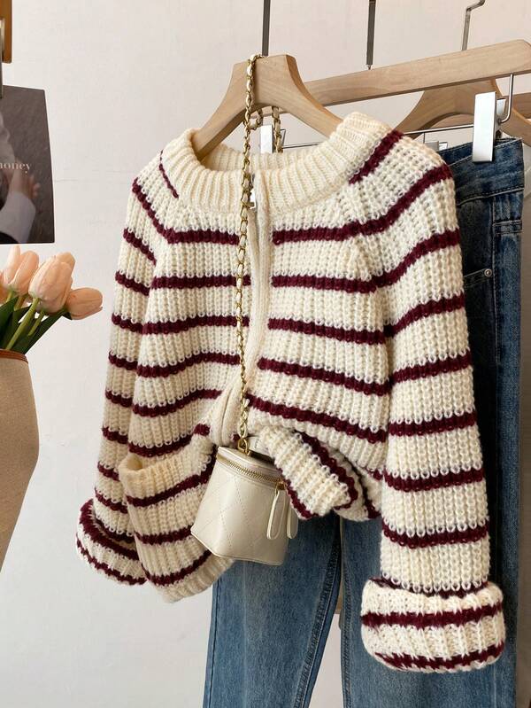 JIANHU Rot & Burgunderrot gestreifter gestrickter Cardigan - Herbst/Winter Vollreißverschluss Cardigan mit gerippten Bündchen & Taschen, Weihnachtsmarkt & Lässig Office