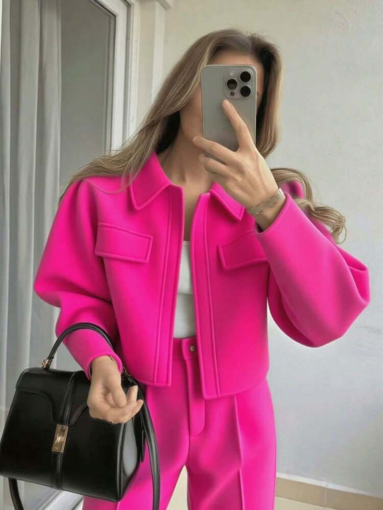 女士休闲常规夹克，适合秋季、冬季和春季 - 玫紅色 - 查看 3