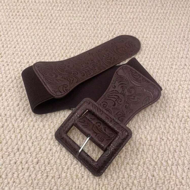 Vestido con cinturón de hebilla cuadrada para mujer, cinturón de PU a la moda, adecuado para uso diario - Marrón en relieve - Añade 28