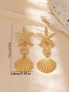 1 Pair Asymmetrical Shell & Starfish Earrings For Women, Fashion Exaggerated Metal Design, Versatile Beach Vacation Jewelry, Chic Summer Statement Accessory For Daily Wear, Party, Holiday Or Gift Idea For Girls, Teens & Ladies - Vàng - Xem 5