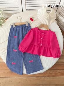 [Không phải denim] Bộ 2 áo cardigan cổ tròn màu trơn đơn giản cho bé gái kèm quần ống đứng in họa tiết trái cây, thích hợp mặc hàng ngày, ở nhà, ngoài trời, xuân/thu - Hồng - Xem 1