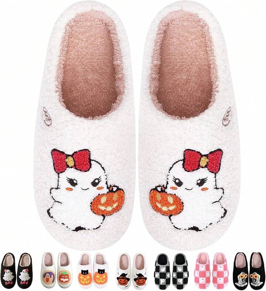 Cozy Plush Halloween Pumpkin Slippers, Non-Slip Fluffy Design - Ghost Pumpkin - View 1