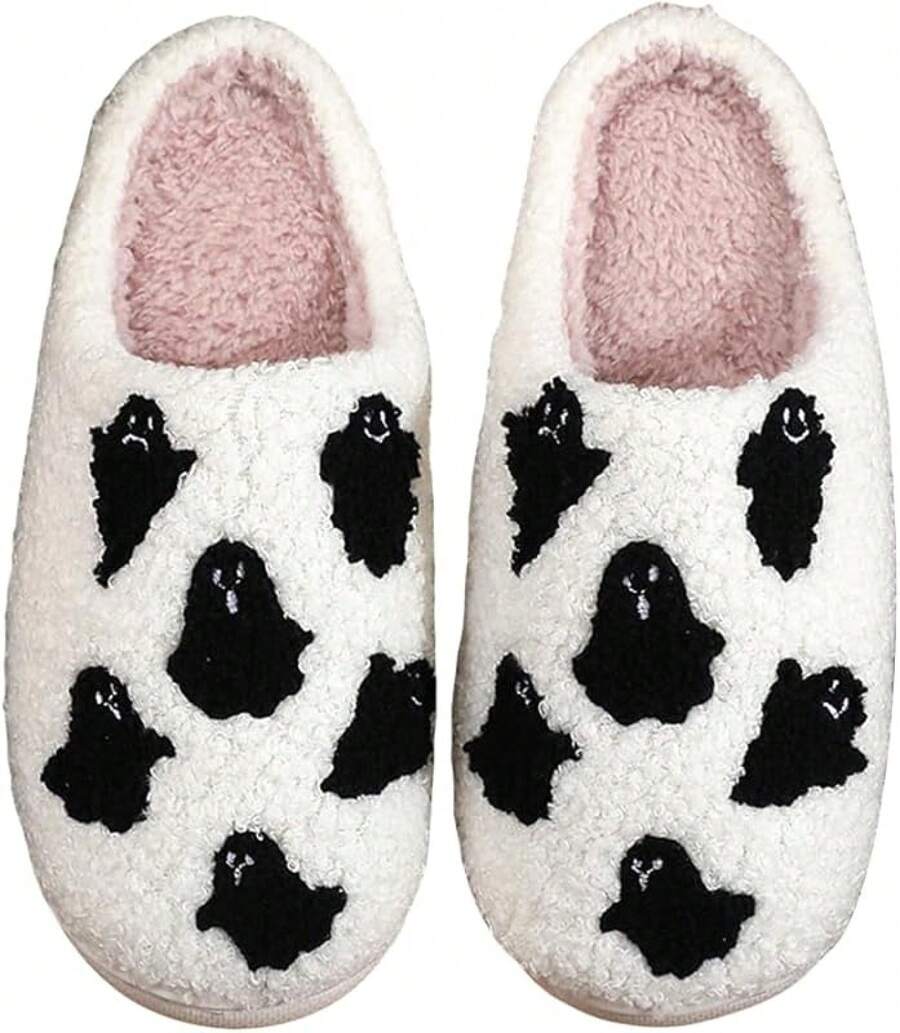 Cozy Plush Halloween Pumpkin Slippers, Non-Slip Fluffy Design - Six White Ghosts - View 1
