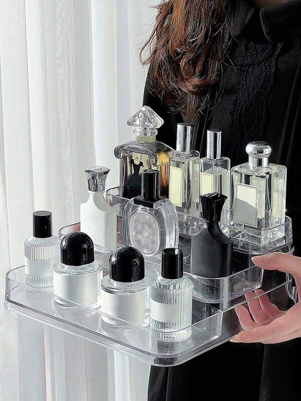 1 pièce Boîte de rangement cosmétique transparente minimaliste, organisateur de parfum, support à vernis à ongles, présentoir maquillage multi-couches à la mode, article de voyage essentiel, boîte de rangement, trousse de maquillage