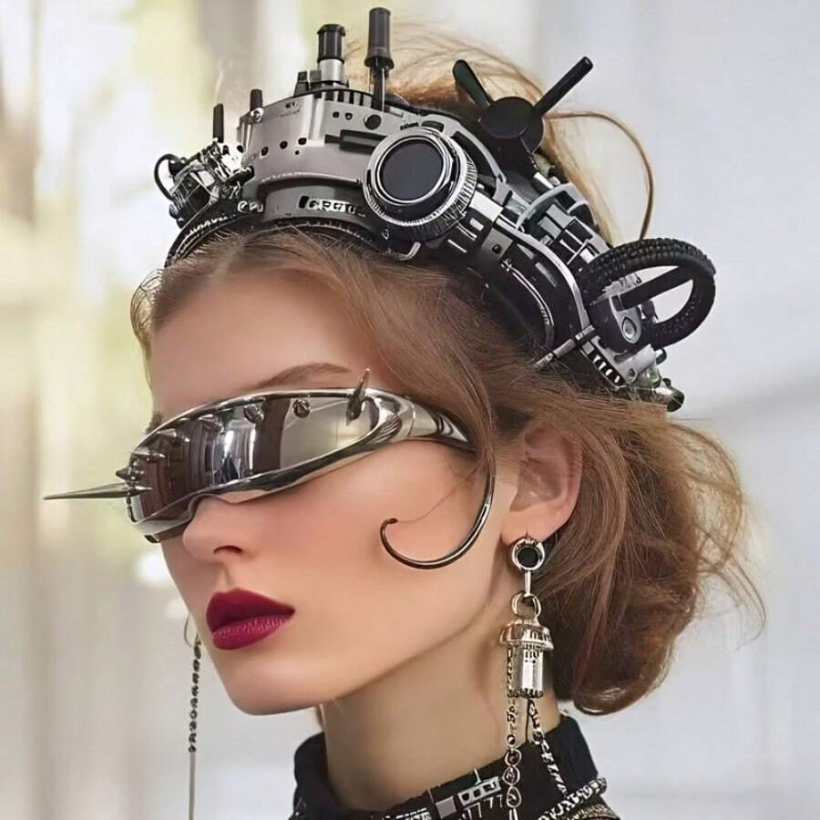 Cyberpunk Gothic Avant-Garde Fashion Glasses With Design And Men's And Women's Icons - Heavy Duty Frame For Nightclubs, Daily Wearing - Neutral Futuristic Glasses Accessories, Fashion Lenses, Gothic Goggles, Glasses Frames, Optics, Oversized , Eyebrows, Eyebrows, Eyebrows, Eyebrows, Night Eyebrows, Gothic Eyes, Sleeping Eyebrows, Glasses Castle Pattern, Cool - 銀色鏡片 - 查看 1