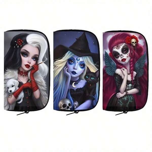 Cartera casual de mujer de poliéster con diseño de gato negro, calavera y bruja - Monedero con cremallera lavable, portador de identificación, tarjetas de crédito y teléfono - Diseño impreso, sin forro, sin acabado de bordes - Bolso con tema de bruja fantástica, adecuado como regalo de Halloween