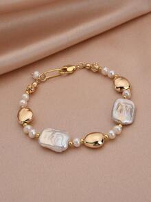 1pc Elegant 18K Gold Plated Natural Pearl Bracelet, Suitable For Women's Daily Wear, Evening Party, Mother's Day, Valentine's Day, Birthday, Wedding, Engagement, Bridal Gift