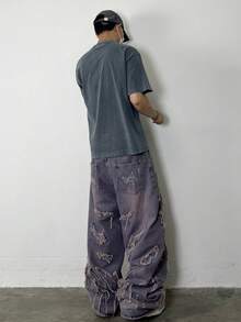 1件男士街头休闲宽松牛仔裤，拼接刺绣做旧水洗阔腿裤（不含腰带和配饰） - 紫色 - 查看 7