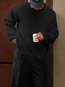 ANDREILEE 男士休闲纹理圆领毛衣，宽松保暖套头衫，适合春、秋、冬三季穿着。 - 黑色 - 查看 2