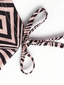 Women's Sexy Geometric Print Long Sleeve Crop Top And Flare Pants Set, Medium Stretch Party Two Pieces Outfit - Pink - View 5