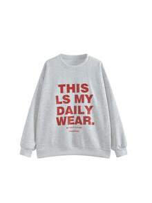 Women's Loose Fit Round Neck Printed Sweatshirt Tops, Autumn - Light Grey - View 5