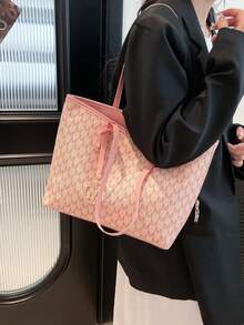 复古字母印花单肩手提包，大容量单肩包，腋下包，通勤必备，母亲节礼物 - 粉色 - 查看 9