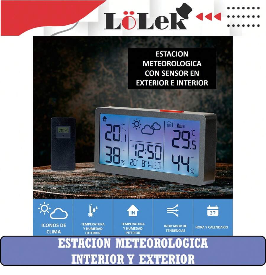 LoLek Estación meteorológica digital con sensor exterior inalámbrico indicador de temperatura y humedad interior y exterior con reloj calendario alarma e iconos de previsión meteorológica Regalolek