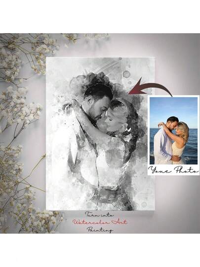 Customized Black And White Watercolor Photo Canvas Art - Personalized Portrait Art, Frameless Design, Ideal Gift For Weddings, Engagements, Christmas, Thanksgiving, Valentine's Day And Mother's Day