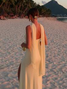 Elegant Strapless Slit Gown - Minimalist Bandage Dress With Flowing Sash, Sexy Evening Dress For Galas & Red Carpet - 黃色 - 查看 2