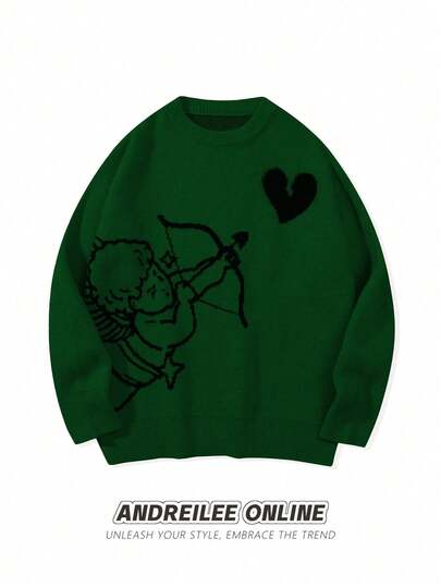 Pull à manches longues noir avec motif jacquard ange tirant un cœur, style mode simple et mignon pour hommes ANDREILEE. Pull ample et décontracté à col rond, style de rue, polyvalent pour le printemps, l'automne et l'hiver