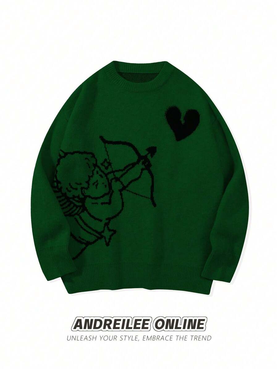 ANDREILEE 男士可爱简约时尚天使射心提花图案黑色长袖毛衣，男女通用休闲宽松针织套头衫，适合秋冬季穿着 - 綠色 - 查看 1