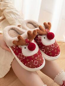 Pantuflas de felpa cálidas con puntera redonda con diseño de reno de dibujos animados, pantuflas interiores lindas con renos, regalo de Navidad a la moda