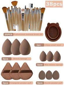 41件套奢华化妆刷套装，含便携化妆包、专业化妆刷和海绵，轻松打造精致妆容。套装包含：25支化妆刷、3个化妆海绵、3个迷你化妆海绵、3个三角粉扑、3个迷你气垫粉扑、1个发箍、2个刷架和1个刷子清洁工具。化妆刷套装，混合化妆工具，包含散粉刷、腮红刷、高光刷、眼影刷等，刷具齐全，化妆刷套装，完整化妆工具包。 - 咖啡棕 - 查看 21