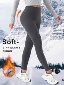 1 件女式高腰保暖内衬保暖紧身裤，厚实保暖秋冬打底裤，收腹瑜伽紧身裤，防滑设计，舒适弹力面料，适合健身、居家、户外瑜伽 - 灰色 - 查看 4