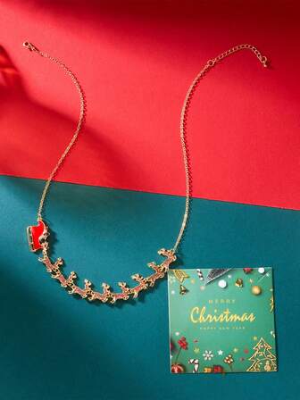 1pc Christmas Reindeer Necklace - Golden Sleigh With Reindeer Pendant, Decorated With Rhinestone-Like Ornaments, Delicate Teenage Choker Necklace, Wearable All Year Round As Holiday Gift (Santa Sleigh Design)