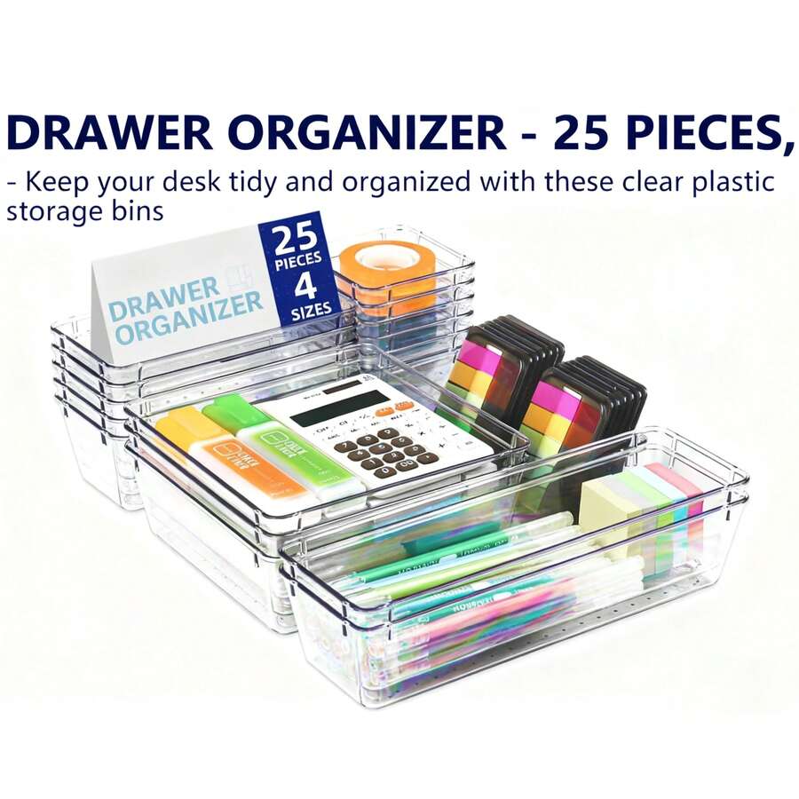 25件抽屉式整理器塑料盒办公桌抽屉冰箱托盘化妆品收纳隔层家居浴室装饰夏季化妆品收纳盒返校 - 白色 - 查看 1