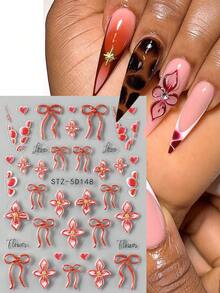 2PCS 5D Charm Nail Stickers Red Flowers Bow Design Slider Decals Nail Supplies And Decorations DIY Manicure Accessories Tool