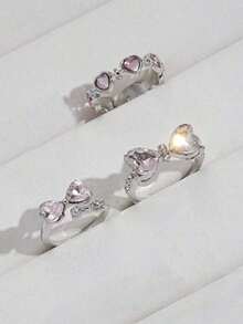 3pcs/Set Girls Y2K Style Butterfly, Heart & Rhinestone Decor Ring Set - Perfect For Dates, Parties, Valentine's Day Gifts Or Daily Wear - Hồng - Xem 2