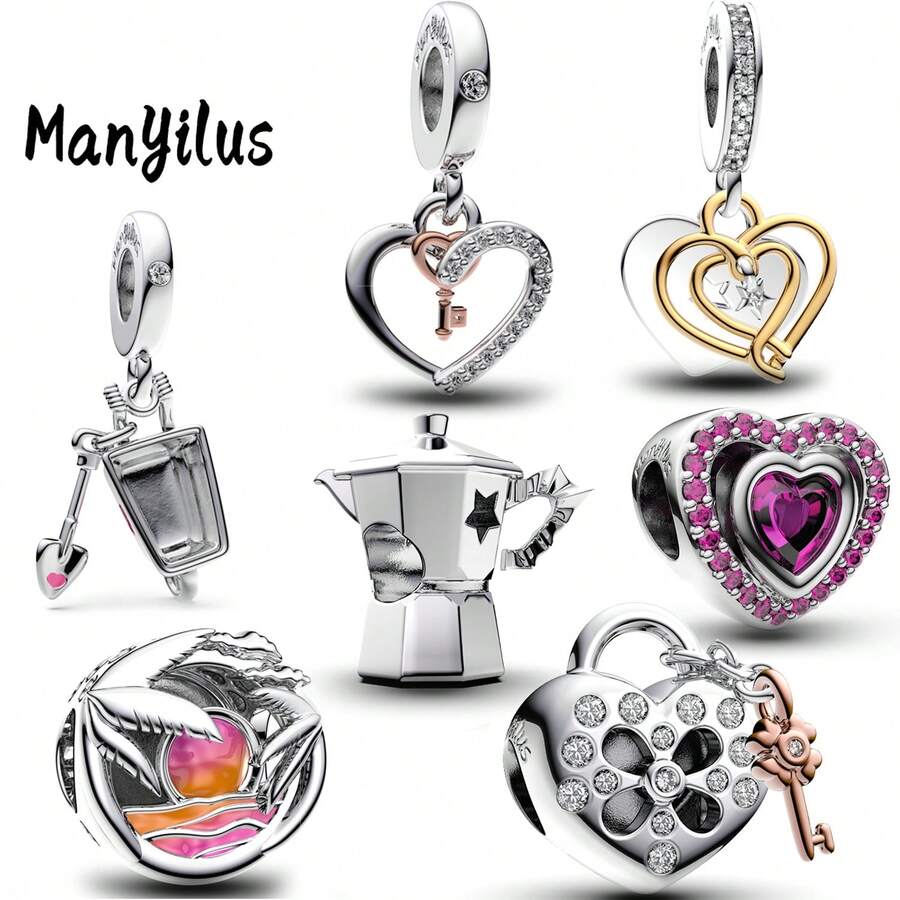 Manyilus Manyilus Original 925 Sterling Silber Anhänger Charms: Strandtraum Kokosnuss Charm, Herz Schloss & Schlüssel Liebe Charm, Silber Stern Mokka Topf Charm, Gold Herz & Silber Traum Charm, Herz Schloss & Geheimer Schlüssel Charm, Süßes Herz Gabelstapler Charm, Rotes Herz Dekor.