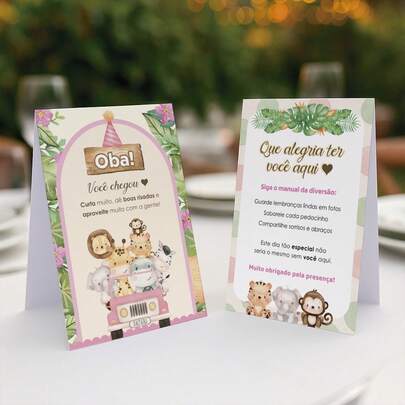 10 Placas de Mesa Animais Floresta Rosa Aquarela - Centro de Mesa e Agradecimento Aniversário Selva - Lembrancinha para Festa Árvores Infantil Menina
