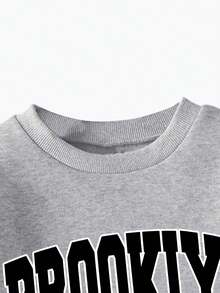 Tween Girl Letter Graphic Print Crew Neck Long Sleeve Top And Denim Pants Set - Grey - View 3