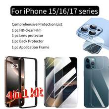 [4 In 1 Set]Easy Install Set For IPhone 15/16/17 Series: Comprehensive Protection Against Drops, Scratches, And Dust[1 Pc Tempered Glass Screen Protector+1 Pc Application Frame+ 1 Pc Lens Film+1 Pc Back Film]