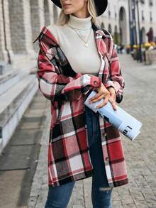 Áo sơ mi vải nỉ cài nút tay dài kẻ caro cho nữ, áo blouse công sở thường ngày, váy sơ mi dài vừa phải, dày dặn, thời trang mùa xuân/thu, quần áo mùa thu - Đỏ - Xem 4