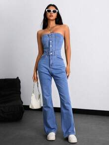 Mono informal para mujer con Top tipo tubo y pernera acampanada de mezclilla,mono sin tirantas de mezclilla para damas,estilo de pierna ancha - Azul - Ver 5