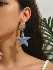 OOQ 1 Pair Handmade Bohemian Style Blue Raffia Grass Seashell & Starfish Tassel Earrings, Summer Beach Fashion Spiral Starfish Earrings, Suitable For Valentine's Day, Wedding Season, Mother's Day, Music Festival Celebration, Daily, Vacation, Party Wear (Handcrafted Raffia Grass Weaving, Shape And Direction Random) - Blue - View 2