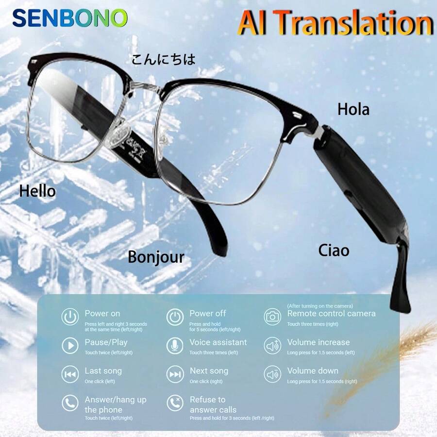 SENBONO AI 翻译智能眼镜,内置麦克风和扬声器,提供高清语音通话和 Hi-Fi 音乐品质,智能音频眼镜非常适合办公室日常家庭使用,男女皆宜,是理想的节日礼物,音频流媒体眼镜,家庭办公配件,语音通话眼镜,Hi-Fi 音乐眼镜,时尚音频设计,现代科技眼镜,舒适的佩戴设计,科技爱好者的礼物 - 透明 - 查看 1
