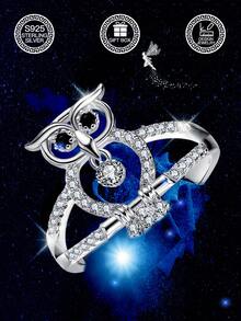 1pc S925 Sterling Silver Owl Shaped Ring, Black Synthetic Cubic Zirconia Eyes, Mysterious & Sparkling Synthetic Cubic Zirconia, Suitable For Daily Wear, Dates, Weddings, Celebrations, Easter, Halloween, Valentine's Day, Mother's Day, Birthday Gift, Comes With Gift Box