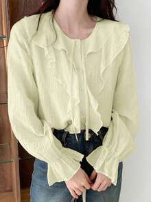 2026春秋新款荷叶边袖口长袖女式衬衫 - 杏色 - 查看 4