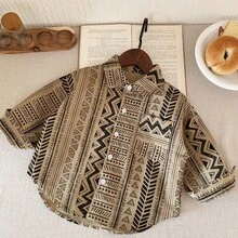 Young Boy Geometric Print Casual Shirt, Spring/Summer - Khaki - View 1