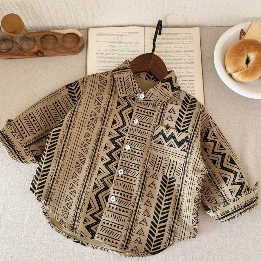 Young Boy Geometric Print Casual Shirt, Spring/Summer - Khaki - View 1