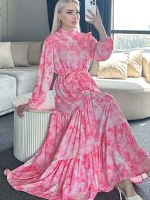 Patterned Belted Hijab Long Dress Pink 525-1 - Pink - View 3