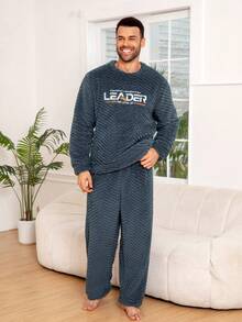 大码男士珊瑚绒长袖睡衣套装，舒适家居服，秋冬季温暖休闲家居服