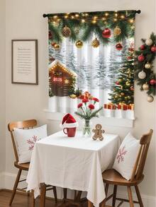 1pc Christmas Gift Christmas Snowman, Reindeer, Christmas Tree Atmosphere Decorative Sheer Curtain, Translucent But Not See-Through Window Voile Curtain, Suitable For Living Room And Bedroom, Door Curtain, Kitchen Curtain, Noise Reduction, Christmas Decorative Rod Pocket Sheer Curtain (100g Fabric Weight)