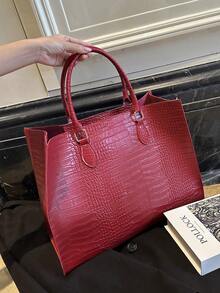 1pc Large Capacity Women's Tote Bag, Fashion Crocodile Embossed Versatile Travel & Shopping Bag, Oversized Handbag, Burgundy Crocodile Pattern, Suitable For Travel, Shopping, Outdoor, Holidays, Gifts