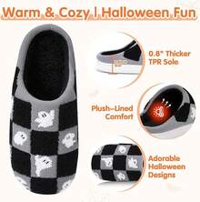 Pantuflas de calabaza de felpa acogedoras de Halloween, diseño esponjoso antideslizante - Cuadros negros - Ver 6