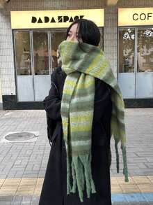 1pc Women Green Messy Braid Fleece Striped Knit Scarf For Dress