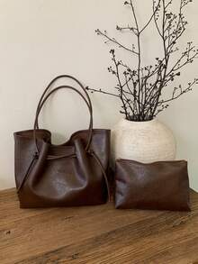 高端简约风格纯色女士手提包，新款秋冬咖啡色时尚百搭单肩包，带内袋，可调节肩带组合包，方便大学生日常购物的大容量手提包 - 咖啡棕 - 查看 7