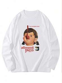 Women's Loose Fit Cartoon Girl & Letter Print Cotton Long Sleeve T-Shirt, Versatile For Spring & Autumn - White - View 4